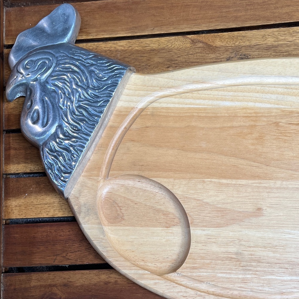 Rooster-Shaped Serving & Cutting Board in Natural Wood with Pewter Accents - Picture 7 of 9